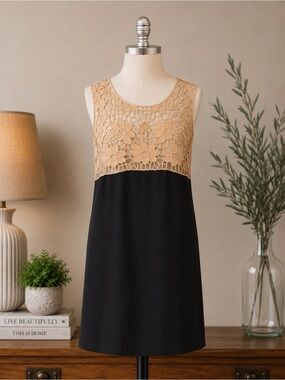 LOFT Linen Crochet Lace Shift Dress Black Natural Floral Sleeveless NWT Size 12